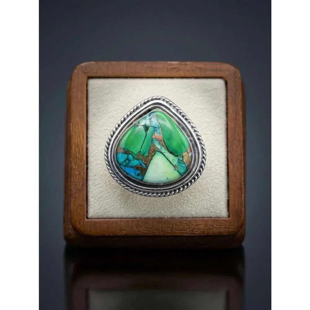 Peacock Dahlia Turquoise Ring – Adjustable Sterling Silver Southwestern New